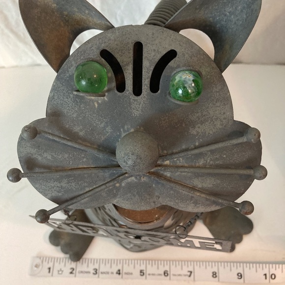 Steampunk Cat Welcome Art Metal Cat  Lantern Welded W/ Green Glass Eyes - Picture 15 of 16